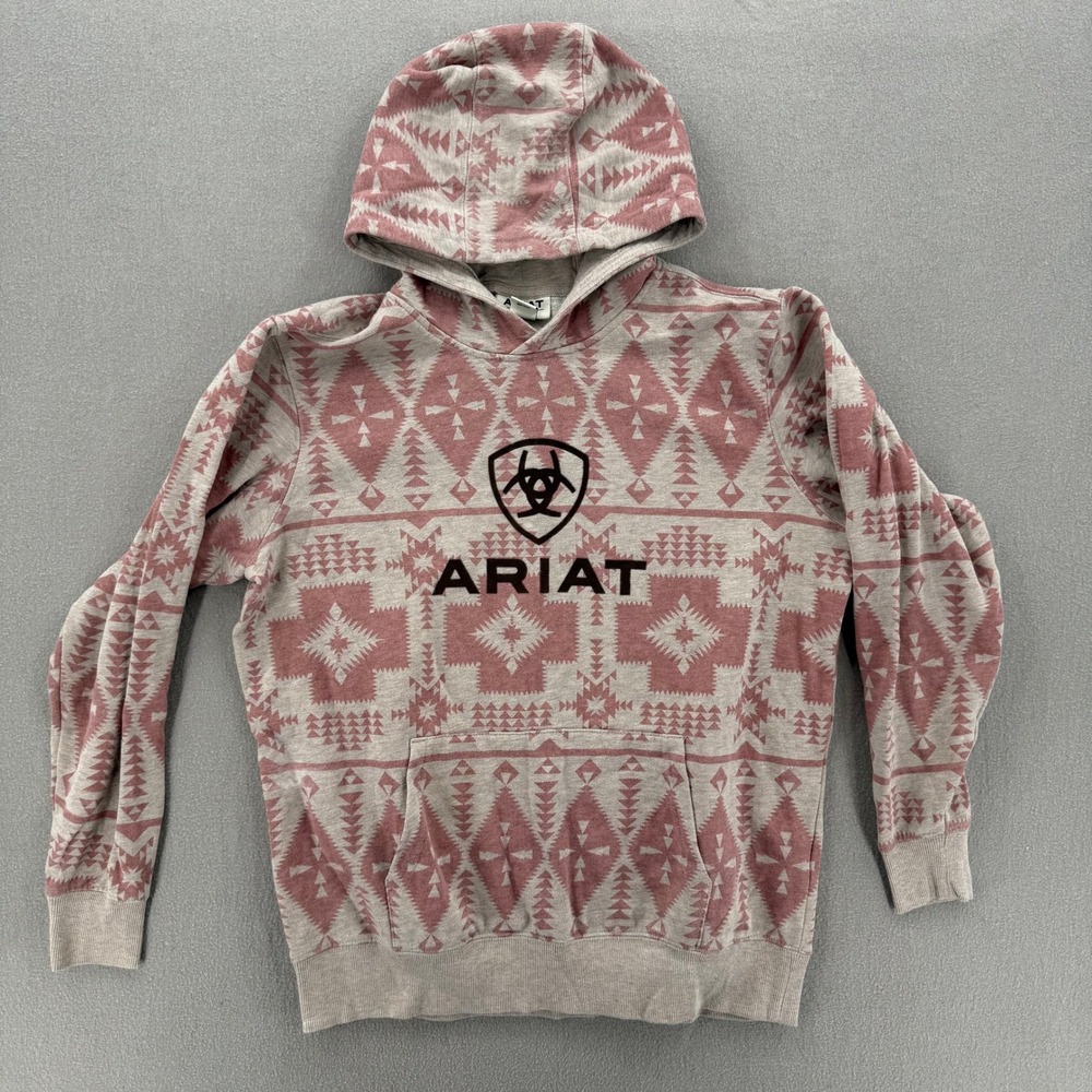 Ariat Real Pink Grey Logo Aztec Design Hooded Pullover Sweatshirt Women Large